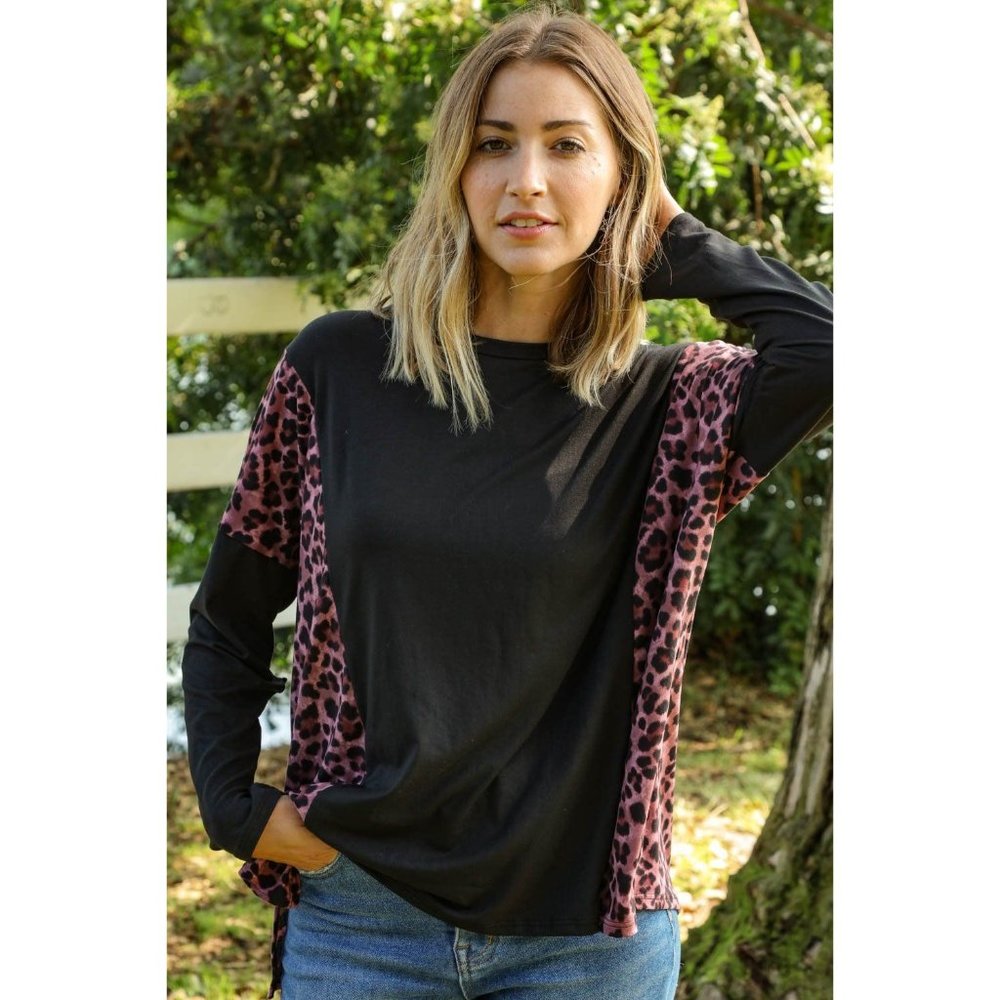 Leopard Print Color Block Dolman Loose Fit Top - Picture 9 of 10